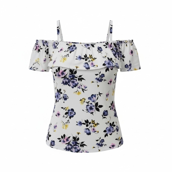 Floral Off-Shoulder Ruffle Top White Purple Blue Spring Summer Camisole Tank - Picture 2 of 6
